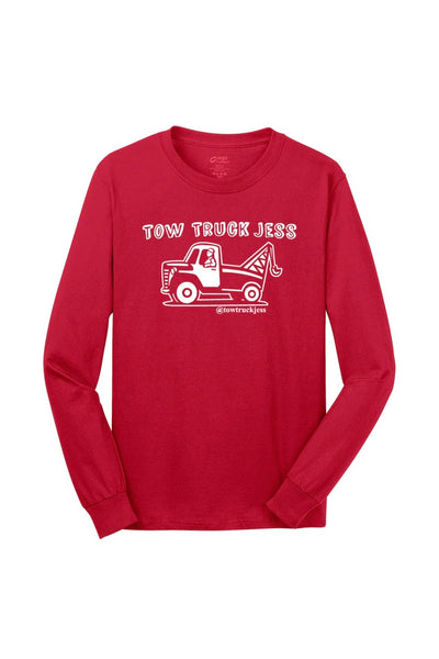 A Free Bracelet with Long Sleeve Red Tow Truck Jess T-Shirt w/Wrecker with White Logo