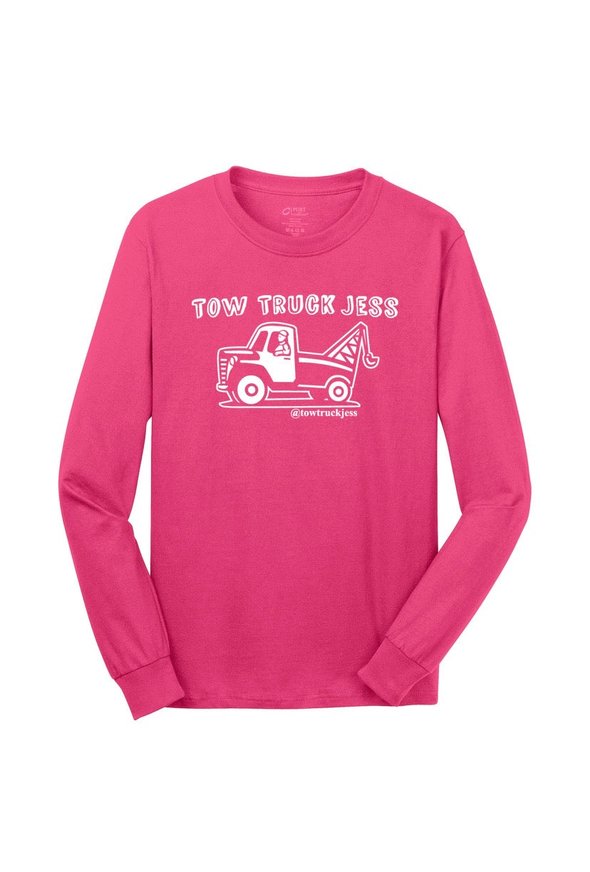 A Free Bracelet with Long Sleeve Sangria Pink Tow Truck Jess T-Shirt w/Wrecker White Logo