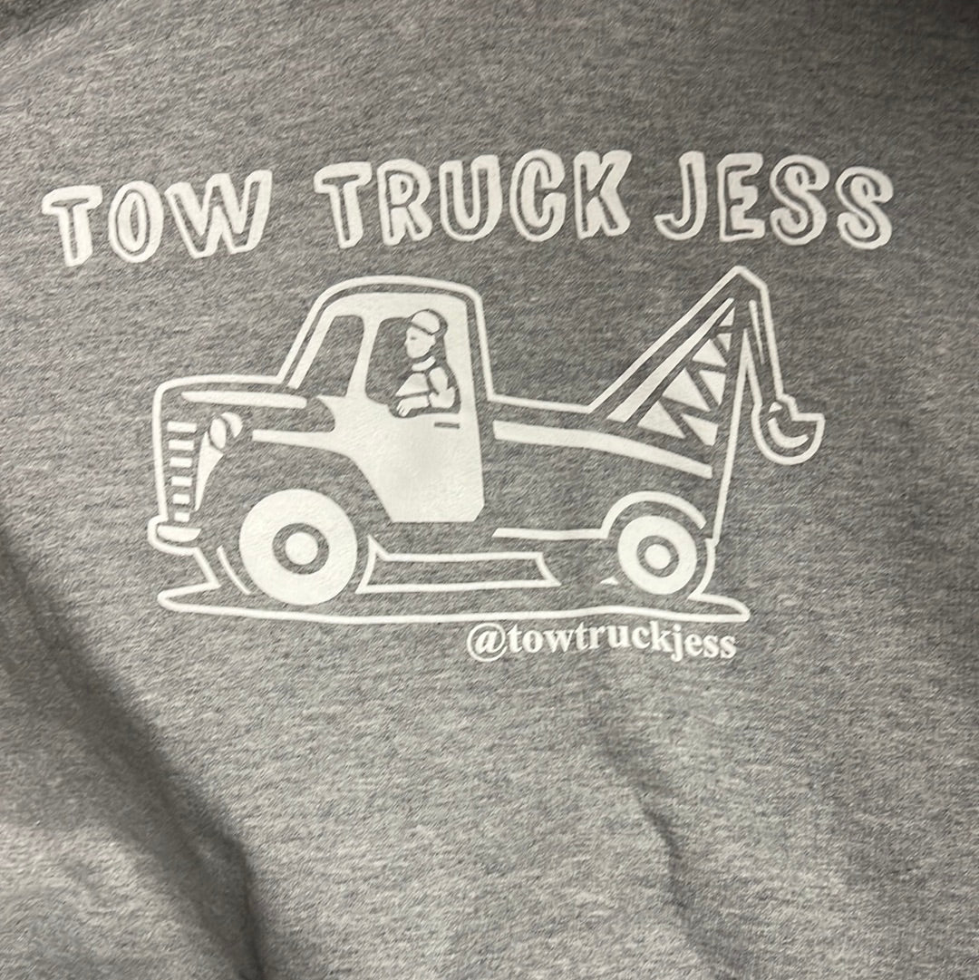A BIG SAVE $10 OFF (ONLY 2 PRINTED) Heather Grey with White Logo Tow Truck Jess Hoodie *WHILE SUPPLIES LAST*