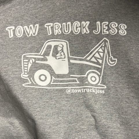 A BIG SAVE $10 OFF (ONLY 2 PRINTED) Heather Grey with White Logo Tow Truck Jess Hoodie *WHILE SUPPLIES LAST*