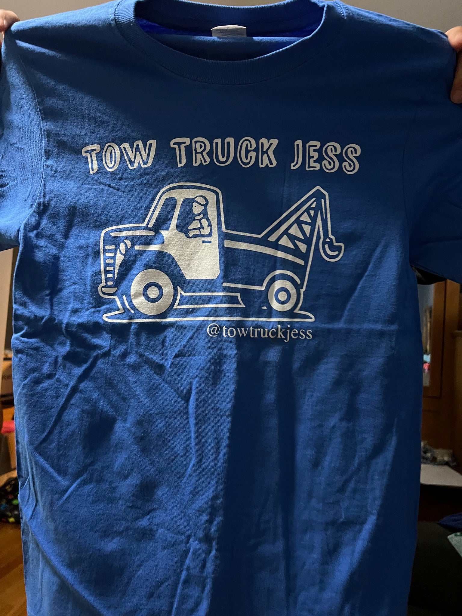A Free Bracelet with Kids Youth Blue with White Logo Tow Truck Jess T-Shirt w/Wrecker with Black Logo