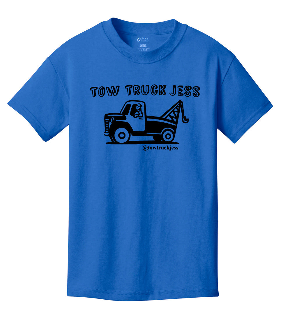 A Free Bracelet with Kids Youth Blue Tow Truck Jess T-Shirt w/Wrecker with Black Logo