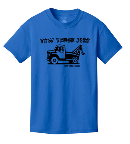 A Free Bracelet with Kids Youth Blue Tow Truck Jess T-Shirt w/Wrecker with Black Logo
