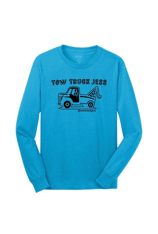 A Free Bracelet with Long Sleeve Aquatic Blue Tow Truck Jess T-Shirt w/Wrecker with Navy Logo